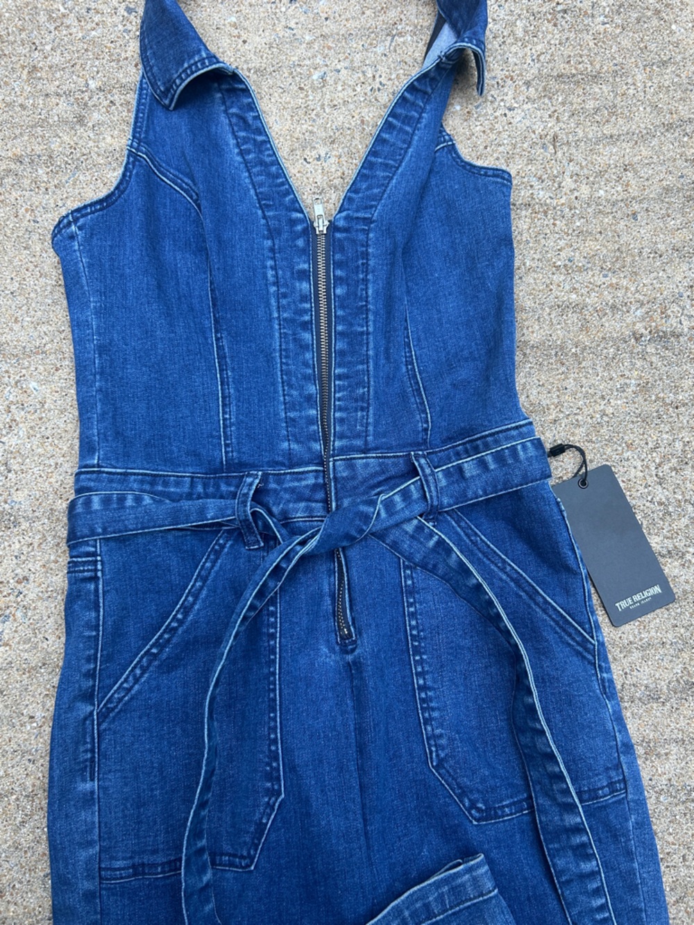 NWT True Religion Dark Blue Denim Halter Jumpsuit with Tie Waist - Picture 2 of 13